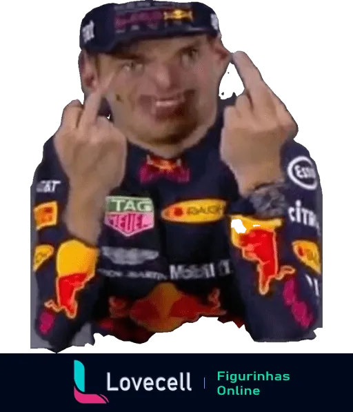 Max Verstappen em uniforme da Red Bull Racing mostrando o dedo do meio com ambas as mãos, expressão de desdém ou desafio.