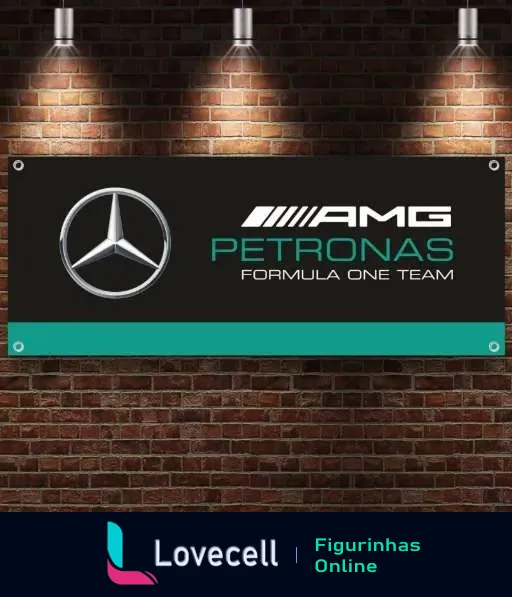 Logotipo da equipe Mercedes-AMG Petronas Formula One Team com ícone Mercedes e marca Petronas em fundo preto com tijolos à vista