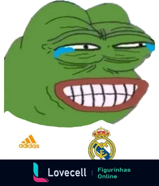 Desenho de um sapo verde chorando e sorrindo, vestindo camisa do Real Madrid da Adidas com o brasão do clube.