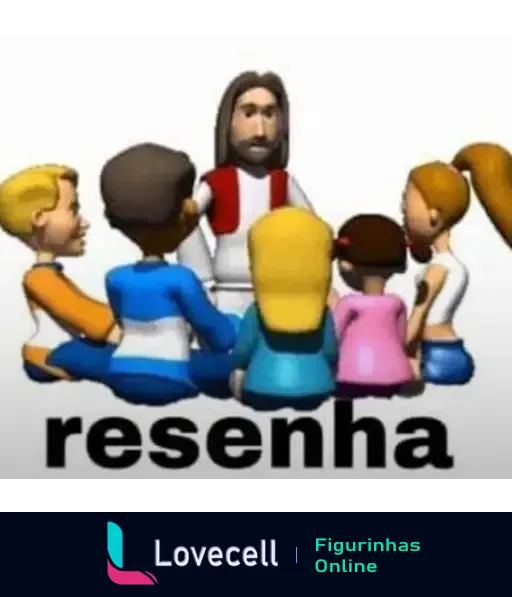 Imagem de um grupo de personagens animados sentados em círculo, com um deles ao centro vestido de branco com uma faixa vermelha, representando Jesus. Na parte inferior da imagem está a palavra 'resenha' em letras grandes e pretas.