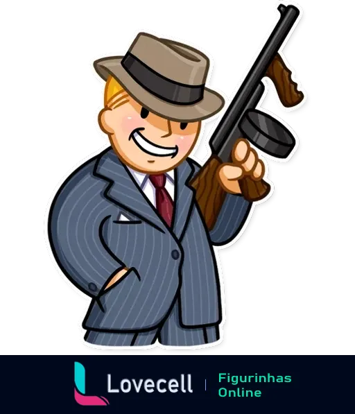 Desenho animado de um Vault Boy do jogo Fallout vestido como mafioso, segurando uma metralhadora com um sorriso confiante.