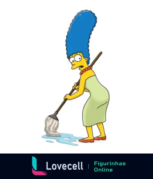 Marge Simpson com vestido verde e avental laranja, limpando o chão com um esfregão, cabelo azul estilizado