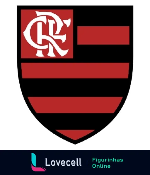 Figurinha do escudo do Flamengo com listras vermelhas e pretas e o monograma CRF em branco sobre fundo vermelho