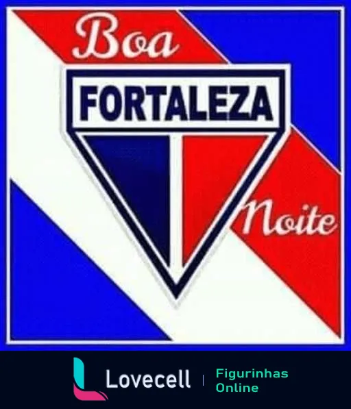 Figurinha com emblema do Fortaleza Esporte Clube em vermelho, azul e branco, fundo azul e branco, e a mensagem 'Boa Noite', para saudações noturnas entre torcedores