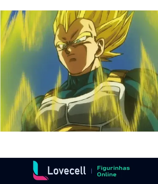 Imagem de Vegeta em sua forma Super Saiyajin, com cabelo dourado e aura brilhante amarela, pronto para a batalha.