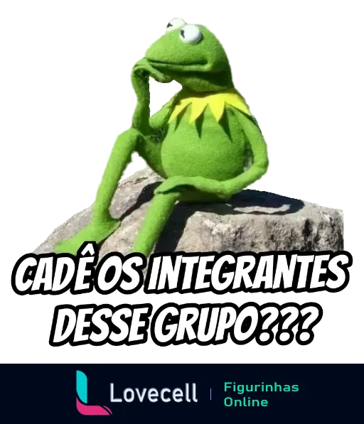 Figurinha do Kermit, o Sapo, sentado em uma pedra e pensativo com texto 'CADÊ OS INTEGRANTES DESSE GRUPO???' questionando a atividade dos membros