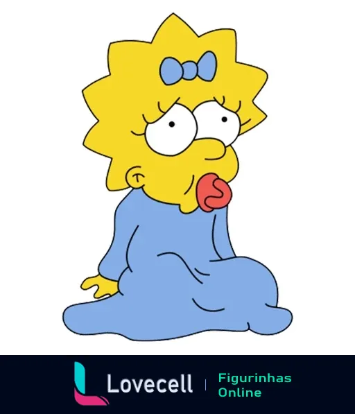 Figurinha da Maggie Simpson surpresa, sentada com macacão azul e chupeta vermelha parcialmente fora da boca