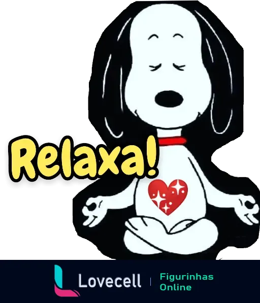 Snoopy em posição de meditação com a palavra 'Relaxa!' ao lado, representando calma e tranquilidade. Snoopy tem um coração com estrelas no peito.