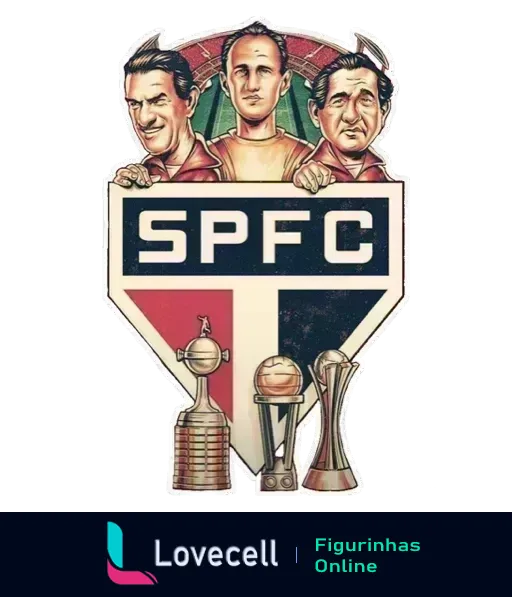 Figurinha com escudo do São Paulo FC centralizado, cercado por imagens de três jogadores lendários e duas taças importantes, emoldurada por um semicírculo com detalhes vermelhos e preto