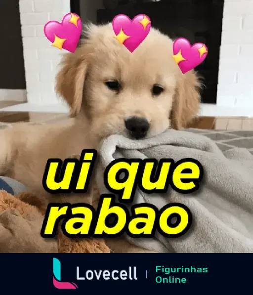 Cachorrinho fofo com corações na cabeça e a frase engraçada 'ui que rabão', perfeito para mandar em conversa de cantadas ousadas.