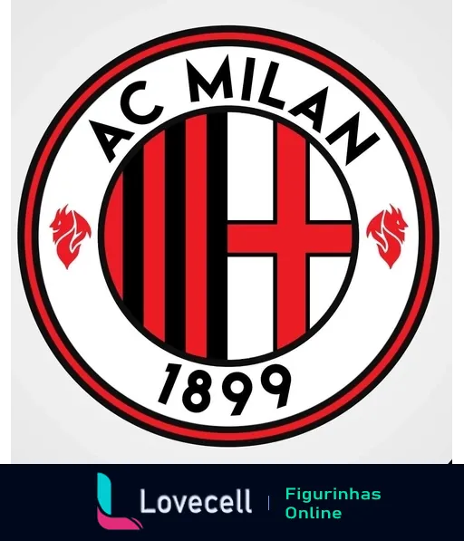 Logotipo do AC Milan com círculo de listras vermelhas e pretas, escudo branco com cruz vermelha, iniciais 'AC', dragões e ano de fundação 1899