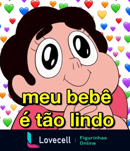 Figurinha de WhatsApp com o personagem Steven Universe rodeado de corações coloridos e a frase 'meu bebê é tão lindo'.