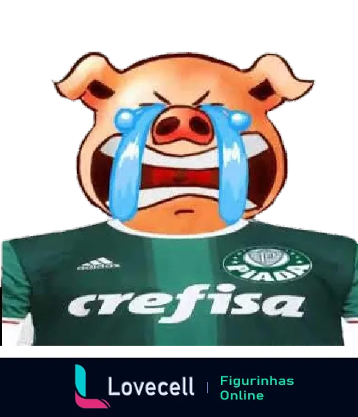 Figurinha de porquinho chorando com camisa do Palmeiras e logo da Crefisa, expressando tristeza e decepção com o time