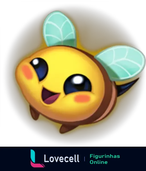 Imagem de um emote do League of Legends que mostra uma abelha com rosto sorridente e asas verdes. Perfeita para expressar felicidade.