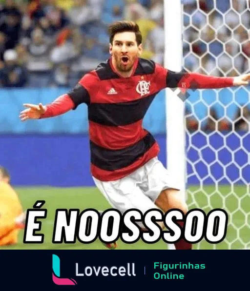 Figurinha de jogador de futebol do Flamengo comemorando gol com braços abertos e expressão de alegria, com a legenda 'É NOOSSSO'