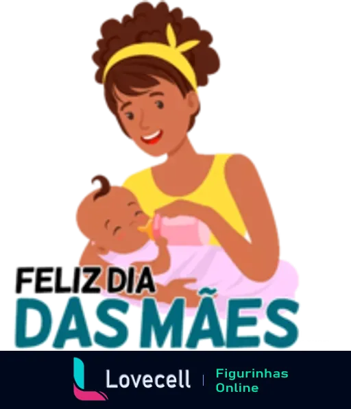 Figurinha de Dia das Mães com mãe feliz segurando bebê, cabelo castanho e faixa amarela, vestido amarelo e branco, com mensagem 'Feliz Dia das Mães'