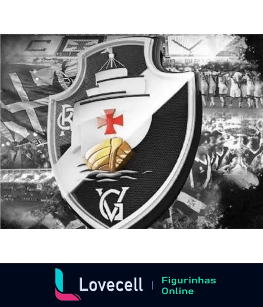 Figurinha do escudo do Vasco da Gama com caravela e cruz de malta, fundo de torcida e estádio