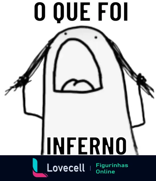 Figurinha do Flork com a expressão de surpresa, dizendo: 'O QUE FOI INFERNO'. Representa reações cômicas, ideal para conversas.