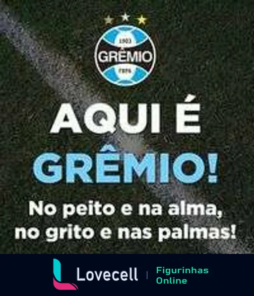 Sticker do Grêmio com slogan 'Aqui é Grêmio! No peito e na alma, no grito e nas palmas', mostrando escudo do time e estrelas para expressar o orgulho do torcedor.