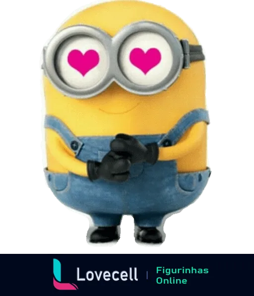 Figurinha de Minion Apaixonado com óculos de proteção e luvas, olhos em forma de corações rosa, do filme 'Meu Malvado Favorito', em fundo neutro