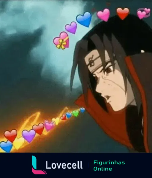 Itachi Uchiha de Naruto lança corações coloridos em gesto de amor e carinho. Ideal para expressar sentimentos positivos.