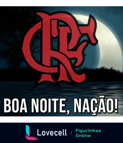 Figurinha com logo do Flamengo em vermelho e preto dizendo 'Boa Noite, Nação!' sobre fundo noturno com lua cheia