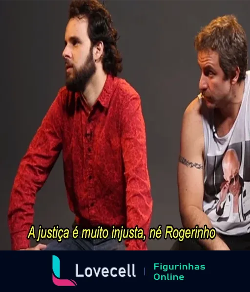 Dois personagens do Choque de Cultura discutindo sobre justiça, um deles destaca: 'A justiça é muito injusta, né Rogerinho'.