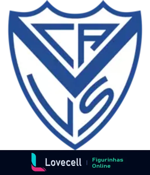 Figurinha do escudo do Vélez Sarsfield em azul e branco com monograma VS entrelaçado em estilo moderno e bold