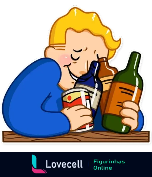 Fallout Vault Boy feliz segurando uma garrafa verde, uma garrafa marrom e uma lata perto de uma mesa.