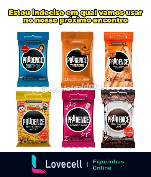 Imagem com seis embalagens de preservativos Prudence em sabores inusitados: pequi, torresmo, churrasco, miojo, Rodrigo Faro e café. Texto no topo: 'Estou indeciso em qual vamos usar no nosso próximo encontro'. Tags: '@oficialmidnight, Cantadas Pesadas, Figurinhas Safadas'.