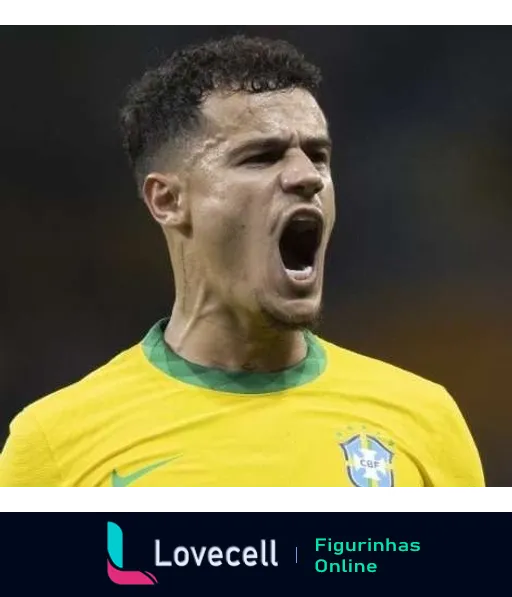 Jogador da Seleção Brasileira de futebol comemorando gol, vestindo uniforme amarelo e verde, expressando emoção com boca aberta