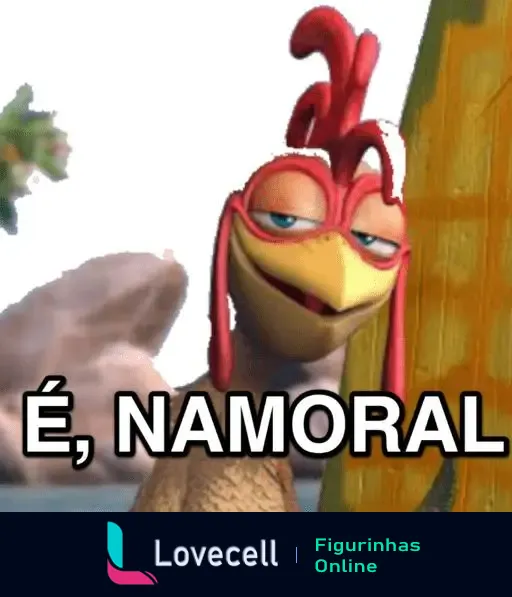 Cena animada de um frango com expressão descontraída ao lado de uma árvore. Texto sobreposto em preto: 'É, NAMORAL'. Título: 'É, NAMORAL: João frango'.