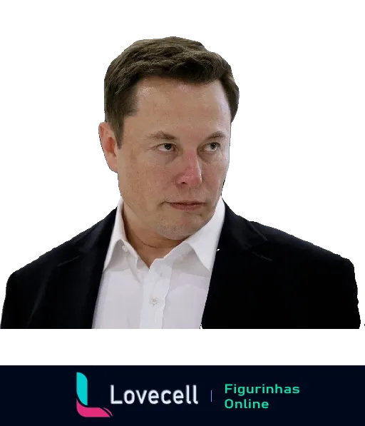 Figurinha de Elon Musk, homem de meia-idade com terno escuro e camisa branca, sério e focado, olhando para frente