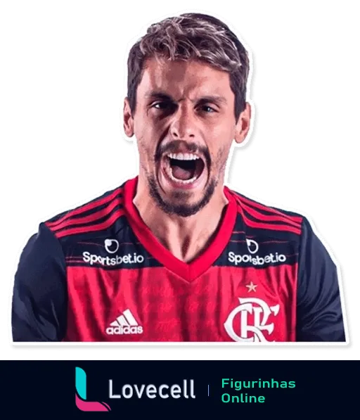 Jogador do Flamengo vestindo uniforme vermelho e preto comemorando intensamente durante uma partida