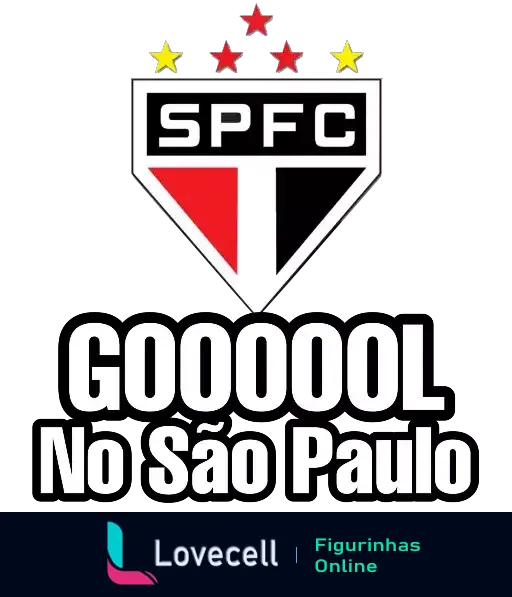 Emblema do São Paulo Futebol Clube com faixa 'GOOOOL No São Paulo', escudo triangular vermelho, preto e branco com três estrelas vermelhas na parte superior