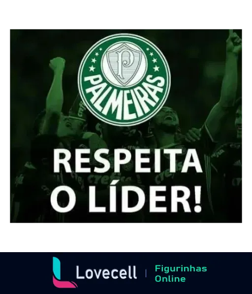 Símbolo do Palmeiras e jogadores comemorando com a frase 'Respeita o Líder!' em verde