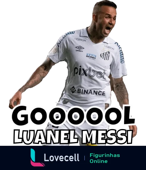 Jogador Luanuel Messi do Santos comemorando gol com uniforme branco, patrocínios da Umbro, Pixbet e Binance