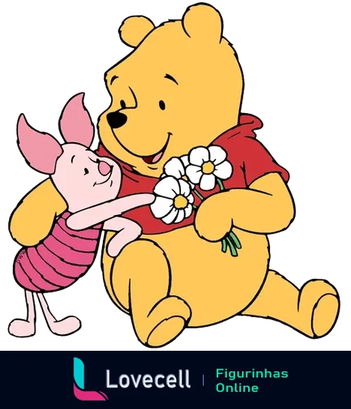 Ursinho Pooh segurando flores brancas enquanto é abraçado pelo Leitão, cena fofa e amigável do Ursinho Pooh.