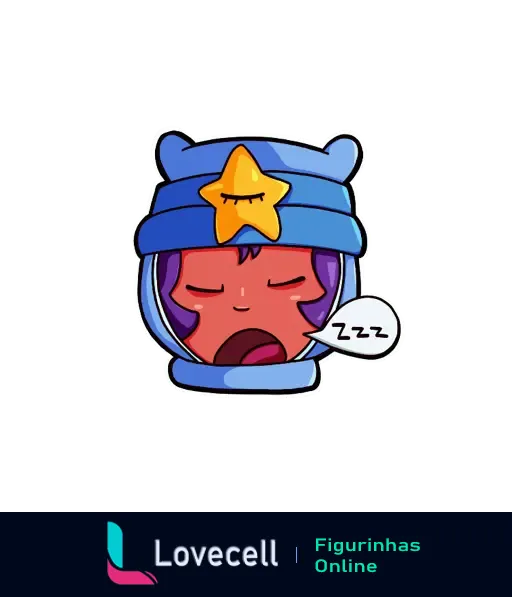 Sticker do Brawl Stars mostrando um personagem deitado, com um chapéu azul e uma estrela amarela, emitindo 'Zzz' de sono.