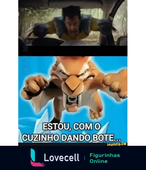 Meme mostrando uma personagem com expressão intensa saindo de um carro, com a frase: 'ESTOU, COM O CUZINHO DANDO BOTE...' em destaque.