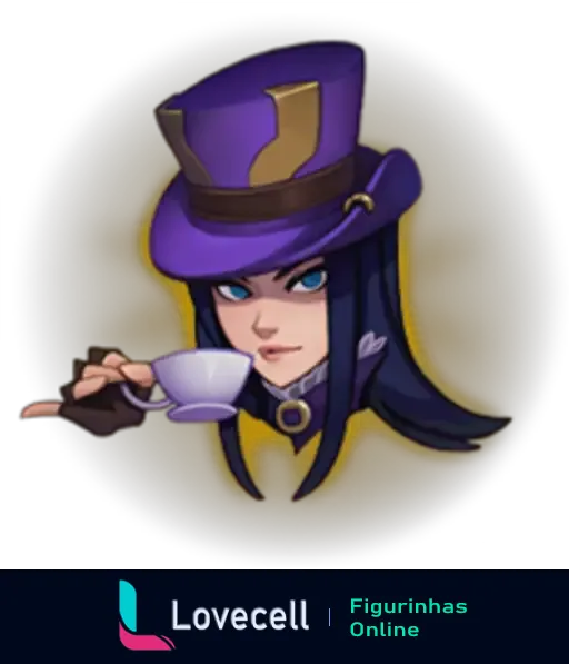 Emote de um personagem de League of Legends usando um chapéu roxo e tomando chá, representando uma atitude refinada.