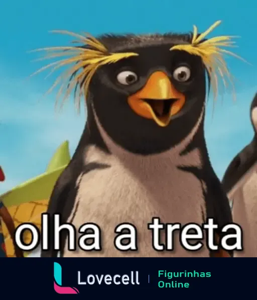 Figurinha de um pinguim animado da coleção 'Memes do Joao Frango' com a expressão 'olha a treta', destacando surpresa e emoção.