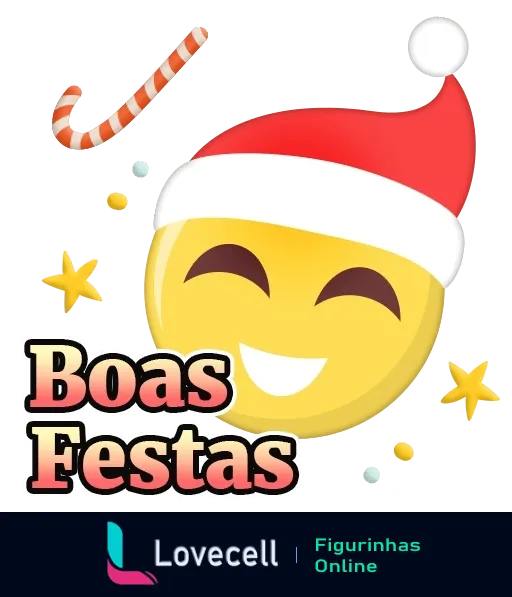 Emoji sorridente com gorro de Papai Noel, estrelas e confetes, e texto 'Boas Festas' para saudações natalinas