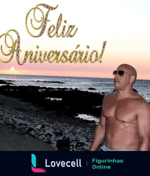 Imagem de feliz aniversário com praia ao fundo e homem musculoso usando óculos escuros.