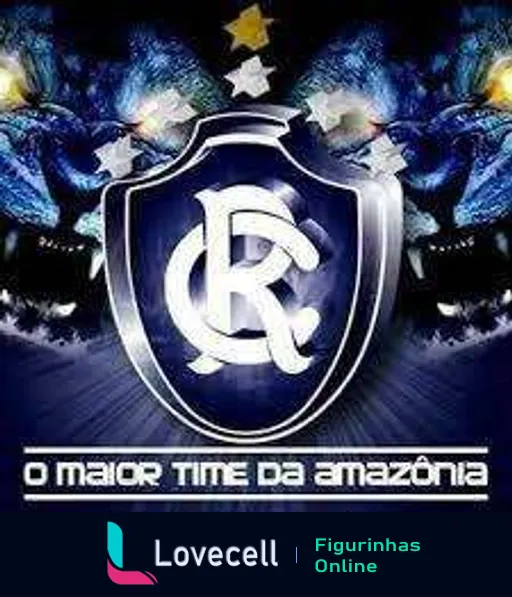 Figurinha do escudo do Clube do Remo com cores azul e branco, acrônimo 'CR' e faixa intitulada 'O maior time da Amazônia'