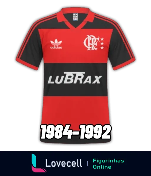 Figurinha do uniforme do Flamengo de 1984 a 1992, camisa vermelha e preta com logo da Adidas, emblema do Flamengo e patrocínio da Lubrax