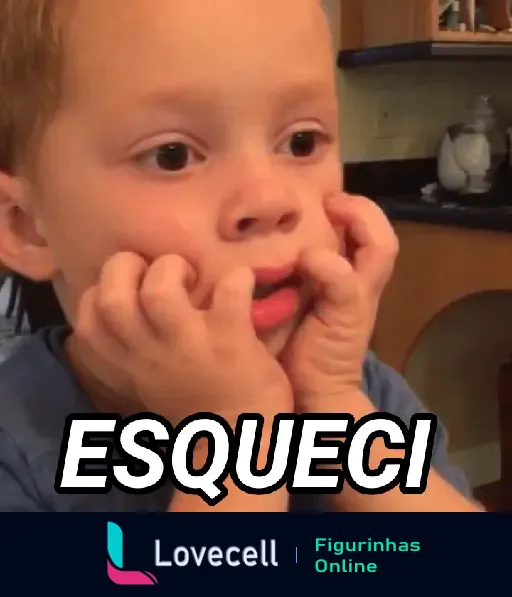 Criança com expressão preocupada e mãos no rosto, acompanhada do texto 'ESQUECI', ideal para momentos de esquecimento entre namorados.