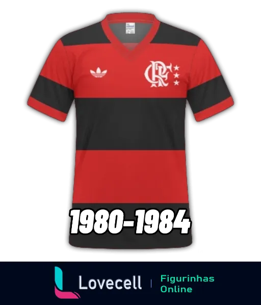 Figurinha da camisa do Flamengo de 1980-1984 com listras horizontais em preto e vermelho, logo da Adidas e distintivo do CRF