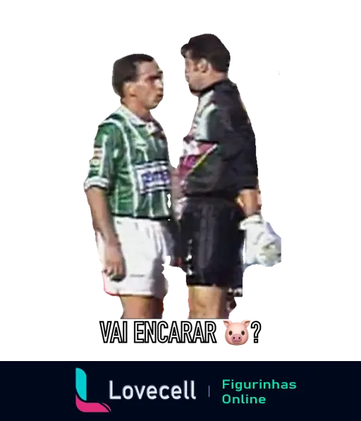 Figurinha de WhatsApp mostrando dois jogadores de futebol frente a frente, um vestindo a camisa do Corinthians e outro não identificado, com a frase 'VAI ENCARAR 🐷?' em um contexto de desafio no jogo