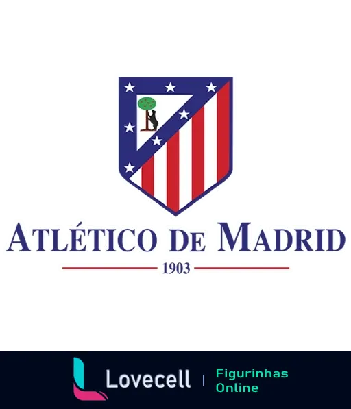 Escudo do Atlético de Madrid com listras vermelhas e brancas, uma árvore, uma estrela e as iniciais do clube